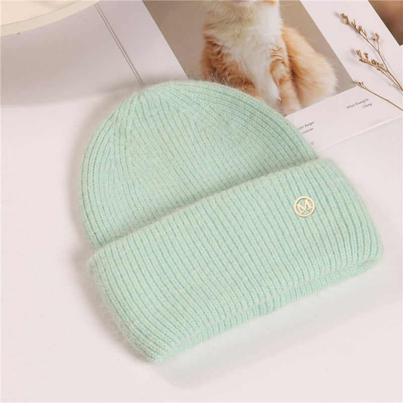 USPOP New Women&#39;s Hats Winter Thick Warm Knitted Hats Solid Color Letter M Soft Rabbit Hair Skullies Beanies