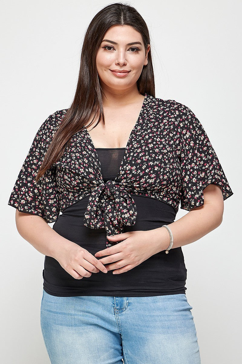 Plus Size Black Ditsy Floral Print Cropped Bolero Cardigan