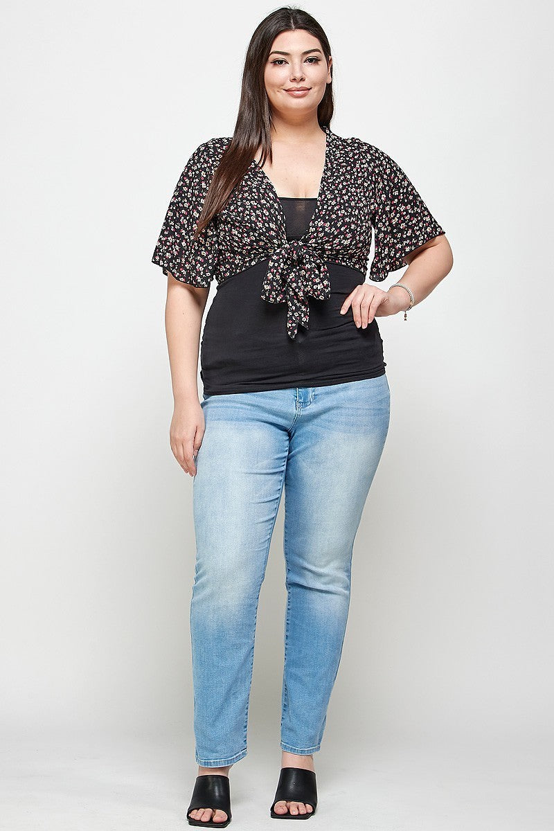 Plus Size Black Ditsy Floral Print Cropped Bolero Cardigan