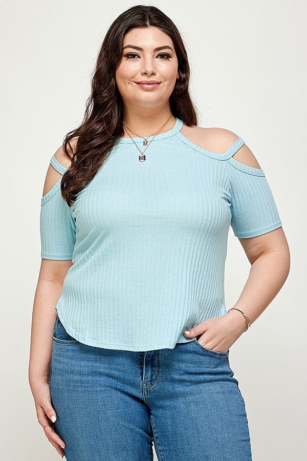 Plus Size, Dusty Blue Solid Ribbed Cold Shoulder Top