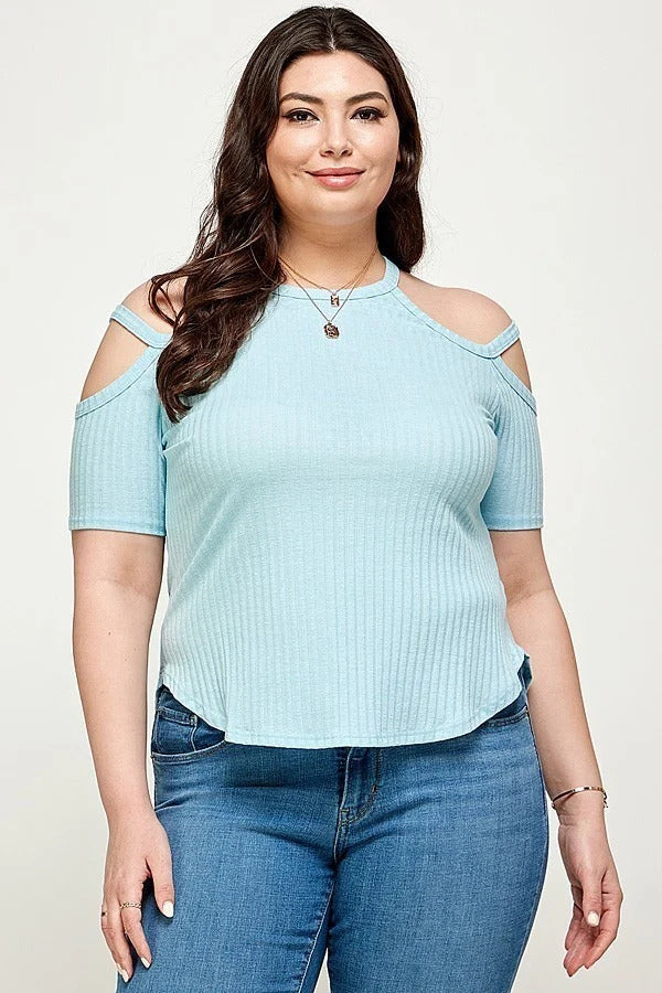 Plus Size, Dusty Blue Solid Ribbed Cold Shoulder Top