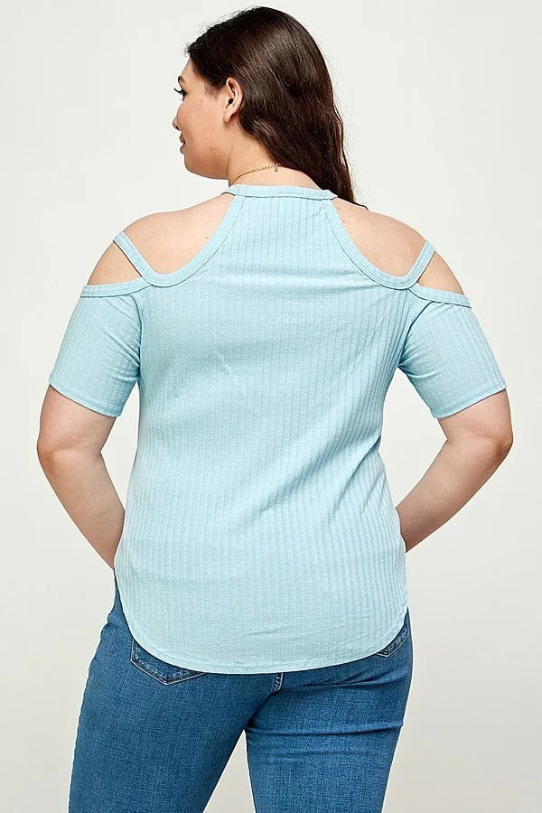 Plus Size, Dusty Blue Solid Ribbed Cold Shoulder Top