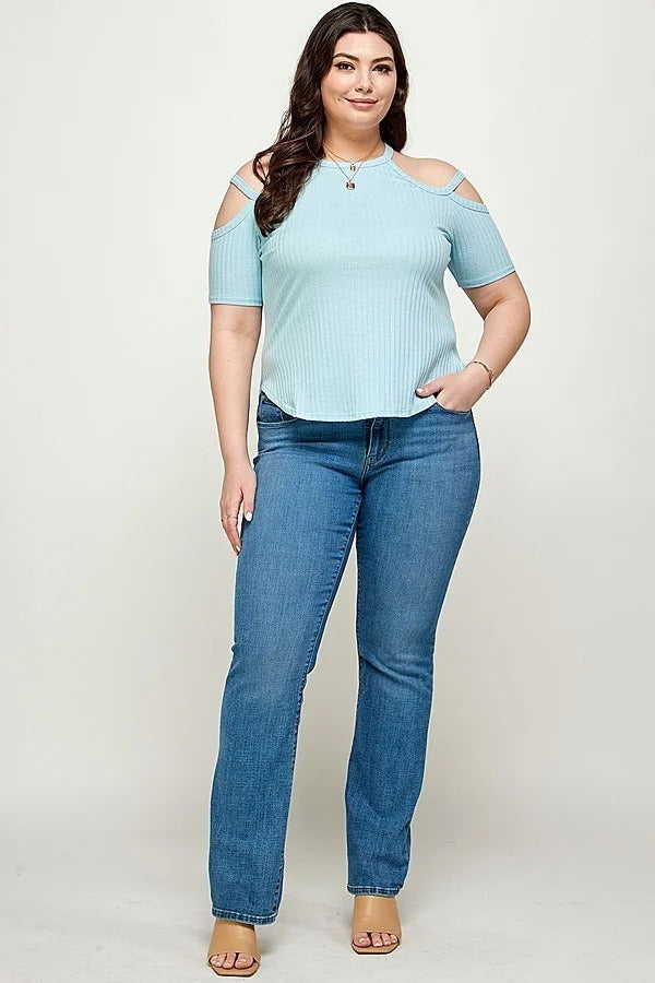 Plus Size, Dusty Blue Solid Ribbed Cold Shoulder Top