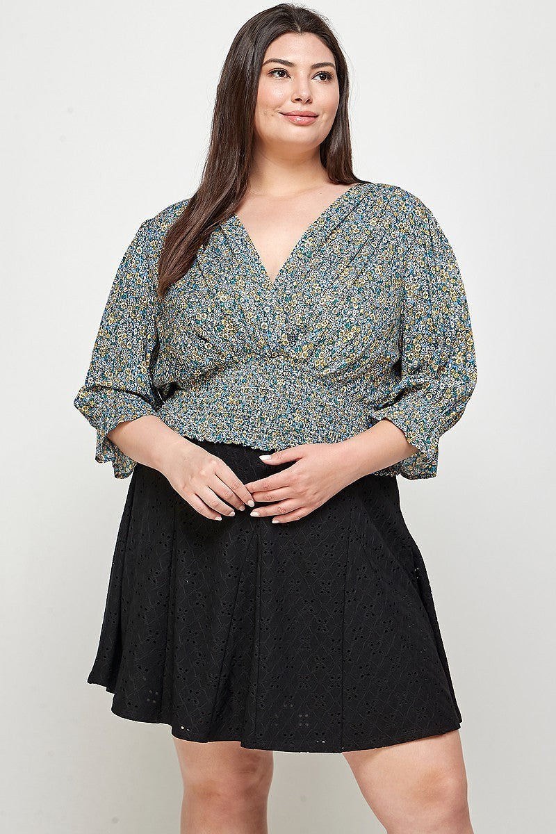 Plus Size, Sky Ditsy Floral Print Blouse Top