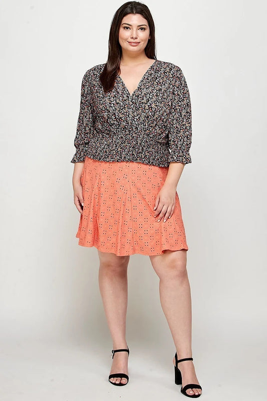 Plus Size, Black Ditsy Floral Print Blouse Top