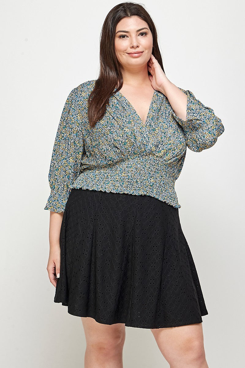 Plus Size, Sky Ditsy Floral Print Blouse Top