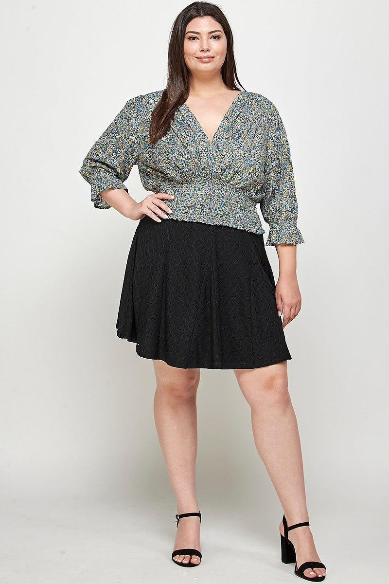 Plus Size, Sky Ditsy Floral Print Blouse Top