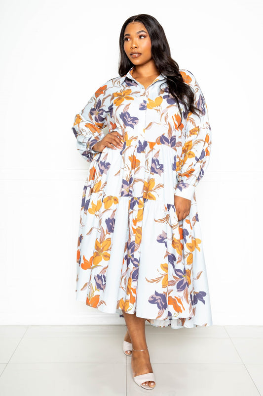 Multi Color Printed Tierd Shirt Dress With Puff Sleeves