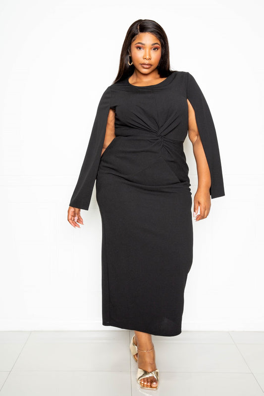 Black Cape Sleeve Dress With Knot Detail