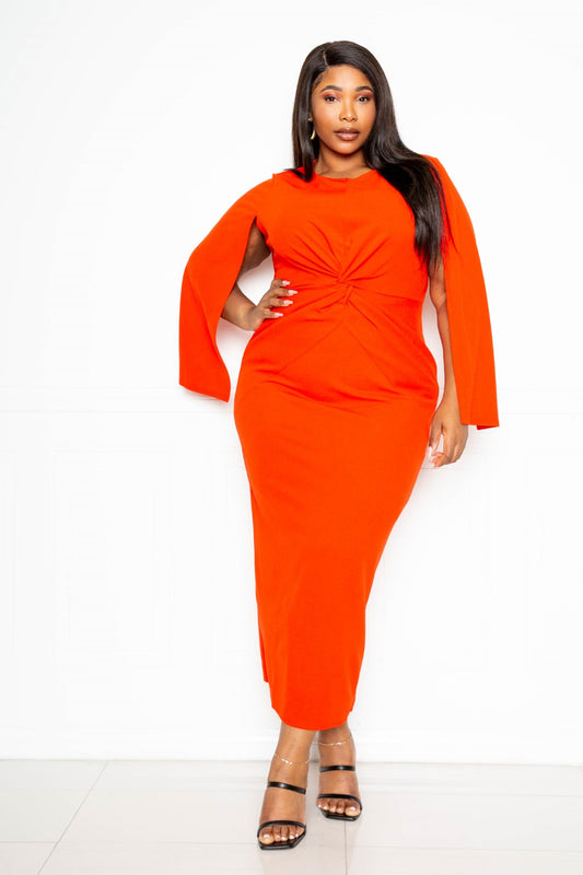 Orange Red Cape Sleeve Dress With Knot Detail