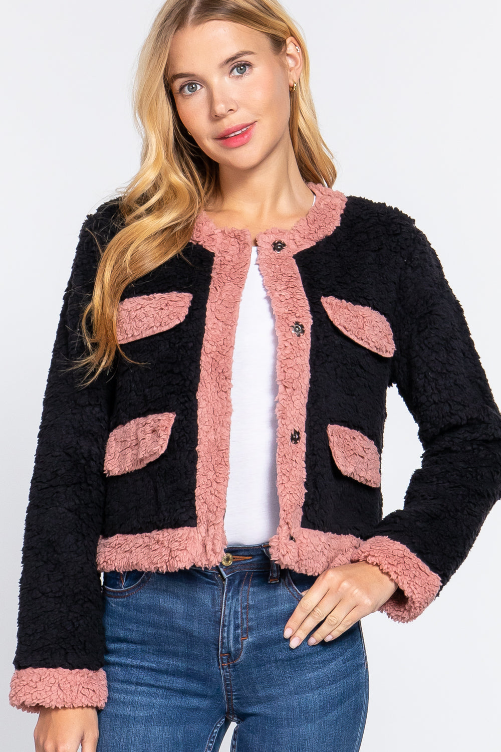 Long Sleeve Pocket Detail Faux Fur Jacket