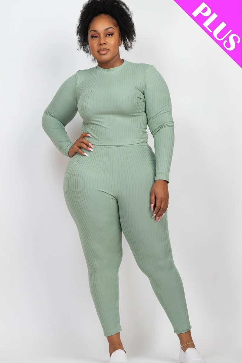 Green Plus Ribbed Mock Neck Long Sleeve Top & Leggings Set