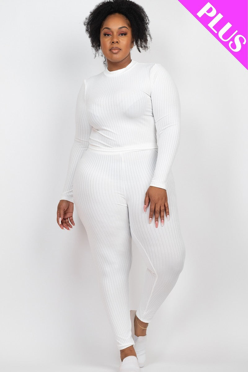 White Plus Ribbed Mock Neck Long Sleeve Top & Leggings Set