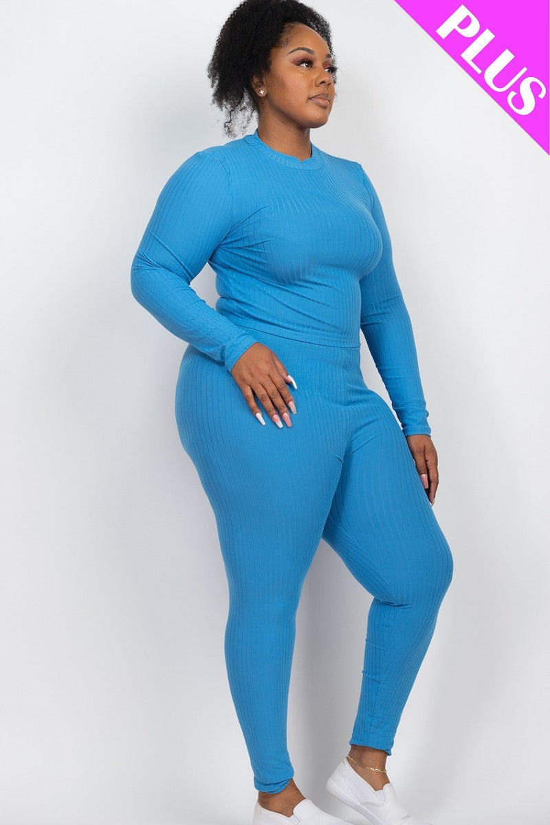 Ibiza Blue Plus Ribbed Mock Neck Long Sleeve Top & Leggings Set