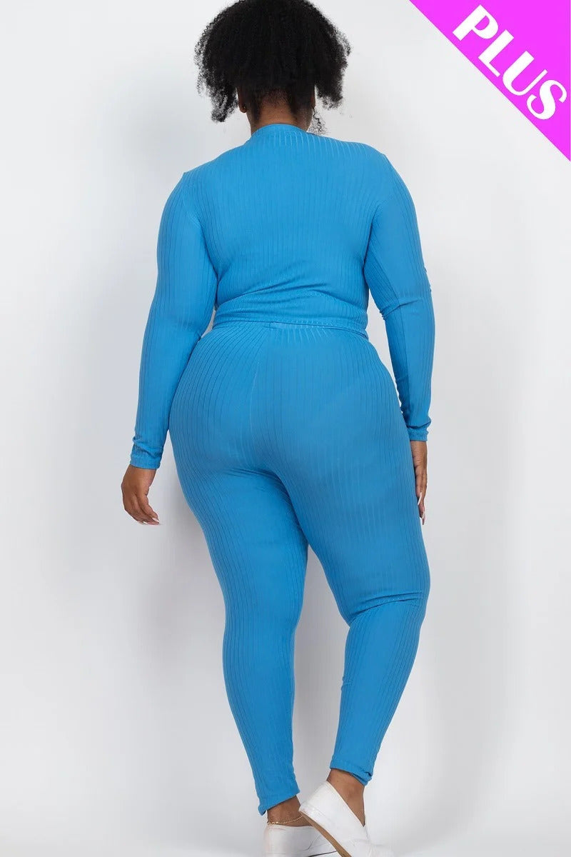 Ibiza Blue Plus Ribbed Mock Neck Long Sleeve Top & Leggings Set