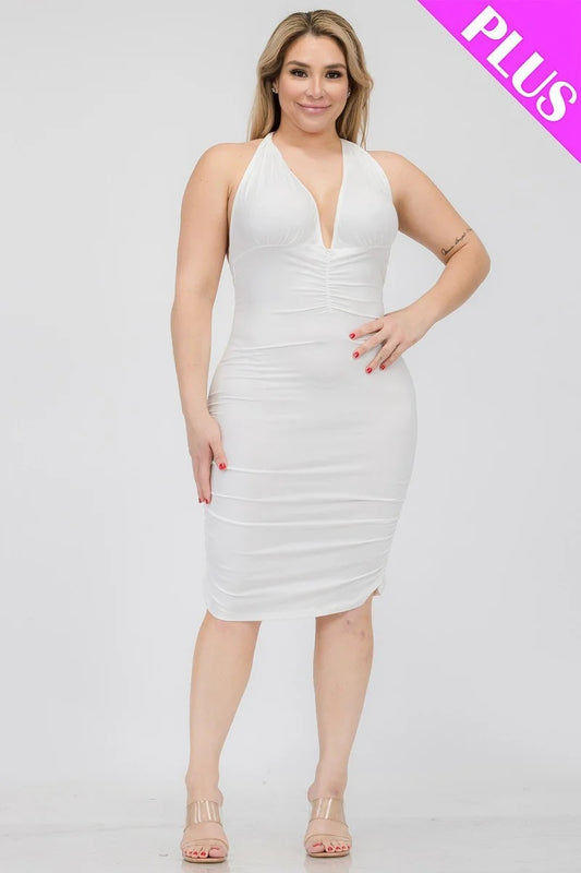 White Plus Plunging Neck Crisscross Back Ruched Bodycon Mini Dress