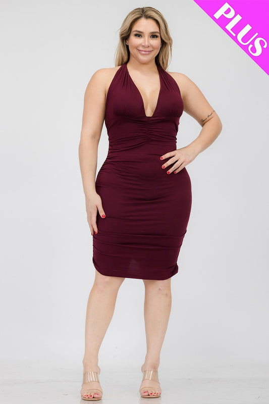 Burgundy Plunging Neck Crisscross Back Ruched Bodycon Mini Dress