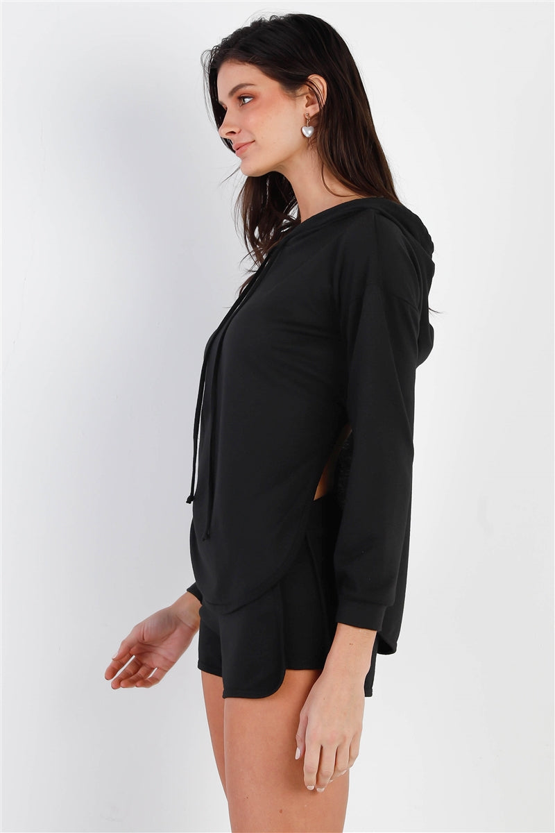 Black Racer Back Detail Long Sleeve Hooded Top & Short Set