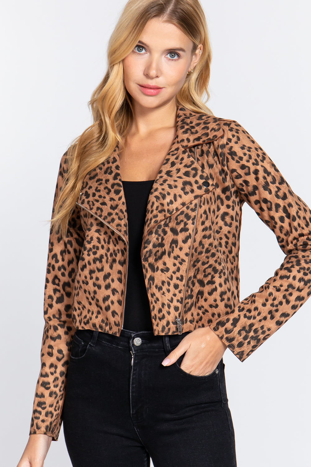 Leopard Print Faux Suede Biker Jacket