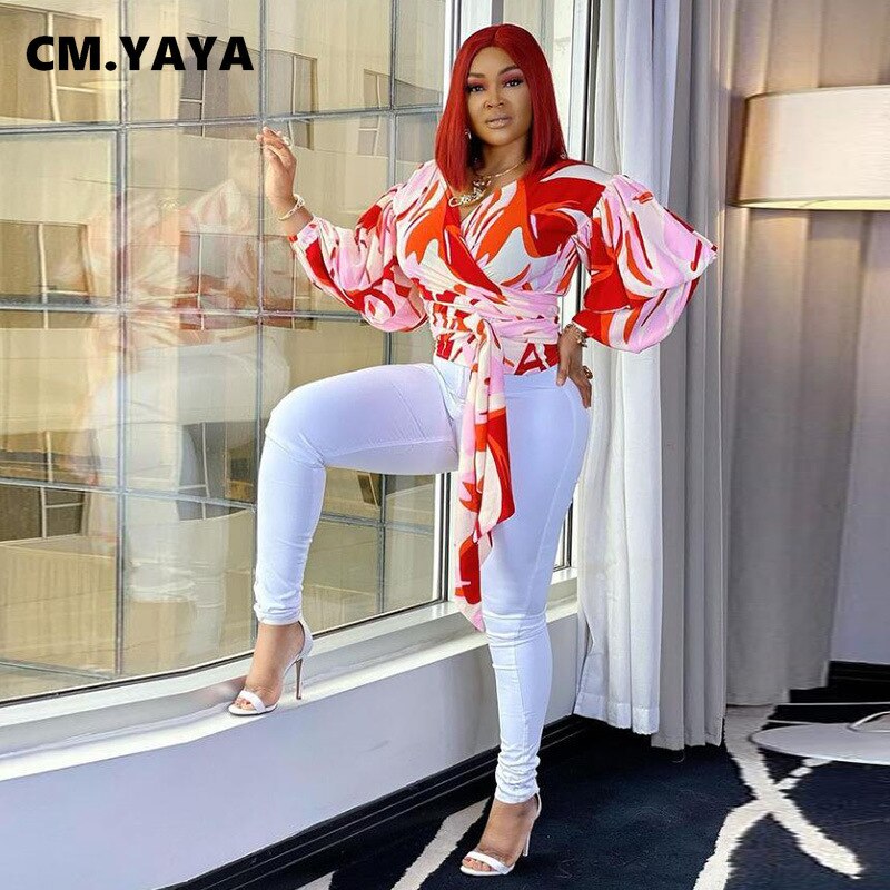 CM.YAYA Women Blouses Full Pull Sleeve V-neck Pullover Print Chiffon Tops Fashion Office Lady Blouse Spring Fall Clothing 2021