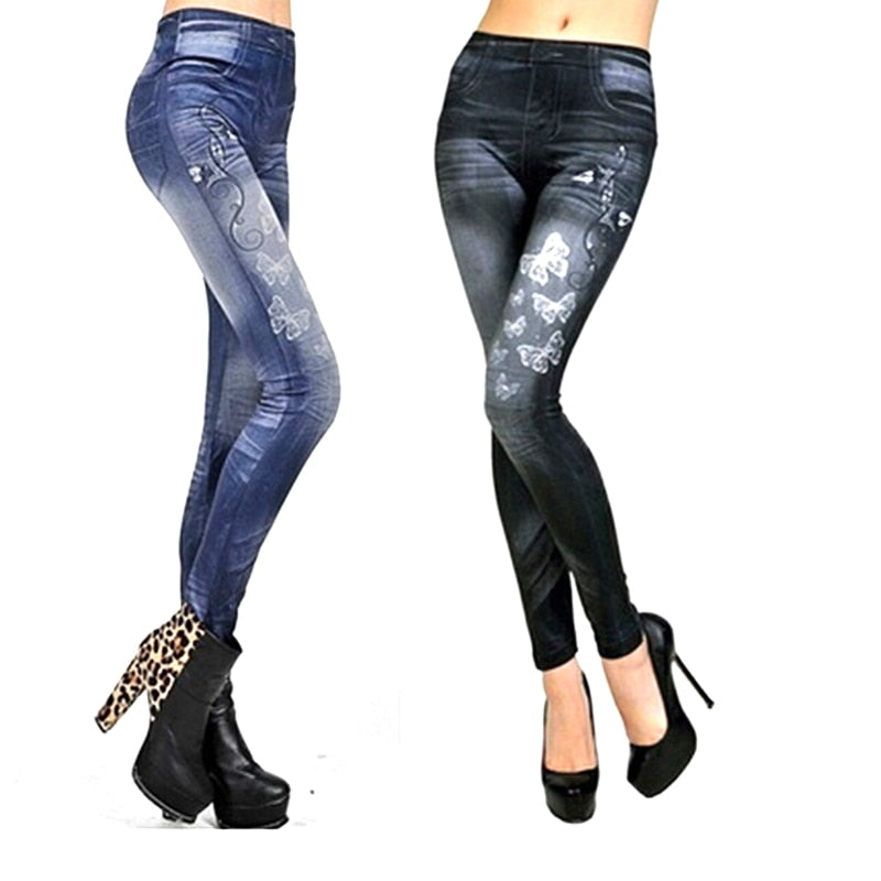 Women New Fashion Classic Stretchy Slim Leggings Sexy Imitation Jean Skinny Jeggings Butterfly Print Pants Bottoms Ropa Mujer