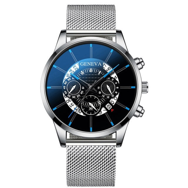 Luxury Hollow out Men&#39;s Fashion Business Calendar Watches Blue Stainless Steel Mesh Belt Analog Quartz Watch relogio masculino