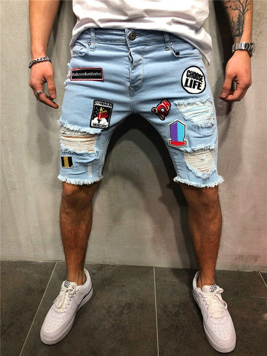 Men Stretchy Ripped Skinny Biker Embroidery Print Jeans 2021 New Style Destroyed Hole Taped Slim Fit High Quality Denim Shorts