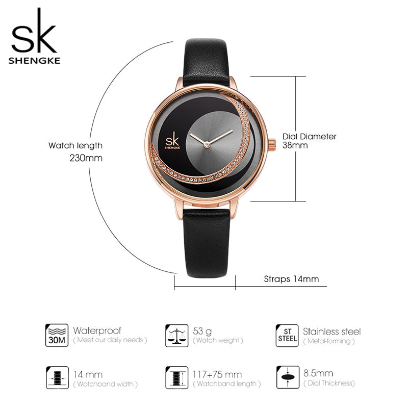 Shengke Creative Watch For Women Black Leather Dress Women&#39;s Watch Original Brand Quartz Wrist Watches Creative Reloj Mujer