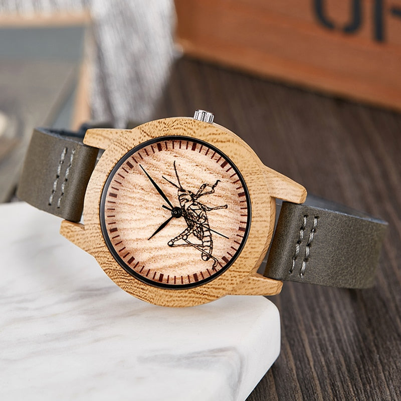 Imitation Bamboo Watch Unisex Genuine Leather Wooden Horse Quartz Wristwatch Minimalist Men Women Male Female Couple Wood Clock