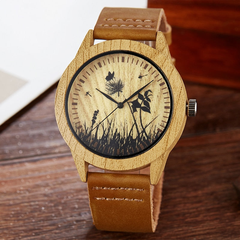 Imitation Bamboo Watch Unisex Genuine Leather Wooden Horse Quartz Wristwatch Minimalist Men Women Male Female Couple Wood Clock