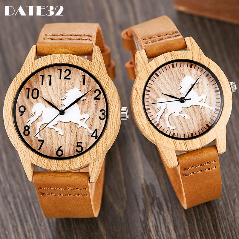 Imitation Bamboo Watch Unisex Genuine Leather Wooden Horse Quartz Wristwatch Minimalist Men Women Male Female Couple Wood Clock