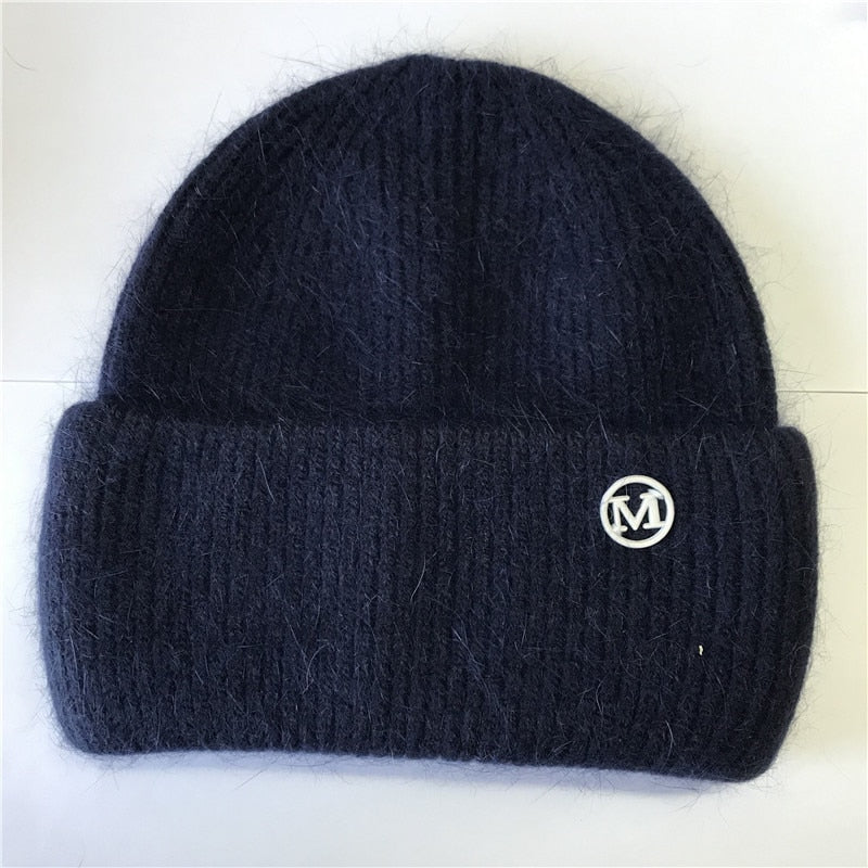 USPOP New Women&#39;s Hats Winter Thick Warm Knitted Hats Solid Color Letter M Soft Rabbit Hair Skullies Beanies