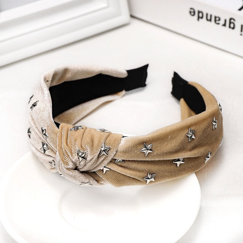 Fashion Cloth Headbands Korean Style Simple Solid Color Woman Drilling Stars Knotted Wide Side Velvet Hairbands Hair Accessories