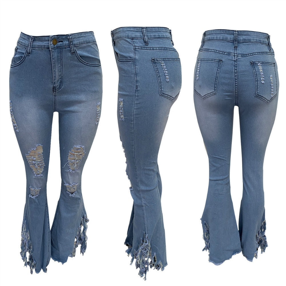 Sexy Ripped Hole Denim Jeans Women Fringe Bottom Ruffle Tassels Flare Pants High Waist Bodycon Trousers Streetwear Outfit