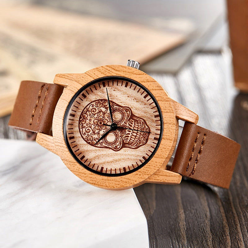 Imitation Bamboo Watch Unisex Genuine Leather Wooden Horse Quartz Wristwatch Minimalist Men Women Male Female Couple Wood Clock