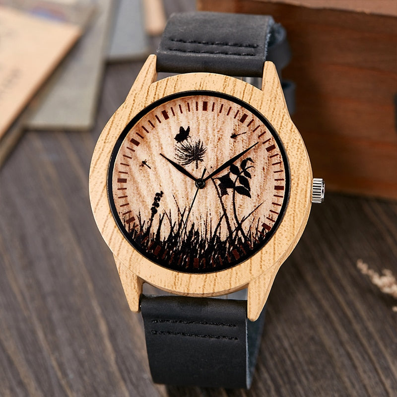 Imitation Bamboo Watch Unisex Genuine Leather Wooden Horse Quartz Wristwatch Minimalist Men Women Male Female Couple Wood Clock