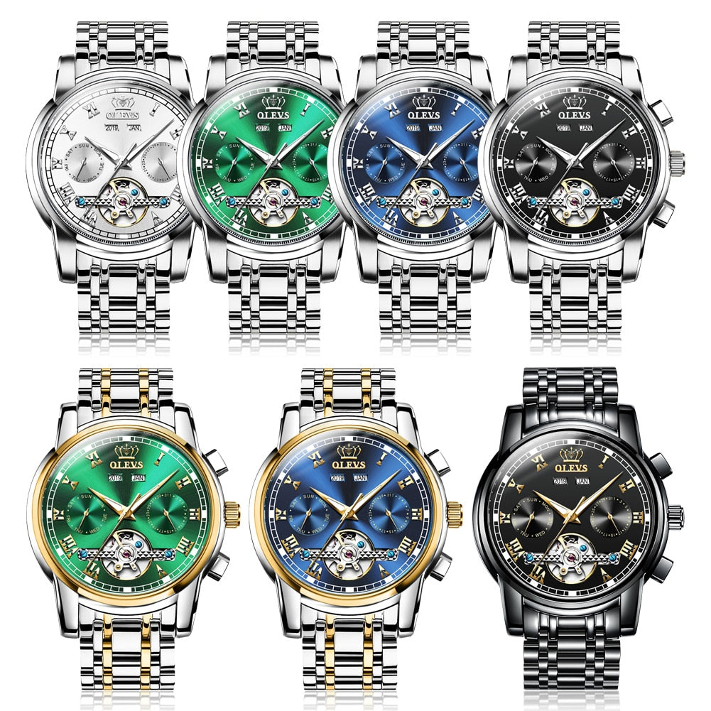 OLEVS Automatic Mechanical Men Watches Stainless Steel Waterproof Date Week Green Fashion Classic Wrist Watches Reloj Hombre