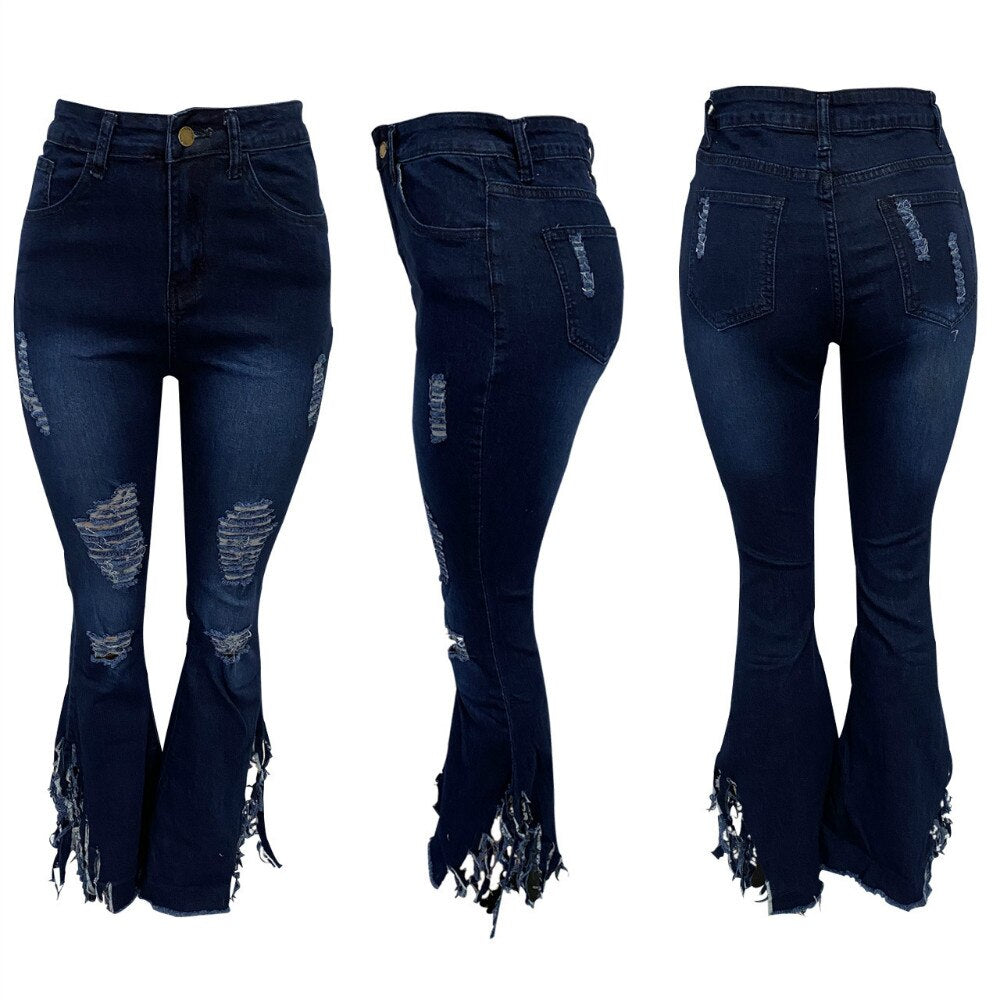 Sexy Ripped Hole Denim Jeans Women Fringe Bottom Ruffle Tassels Flare Pants High Waist Bodycon Trousers Streetwear Outfit