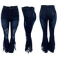 Sexy Ripped Hole Denim Jeans Women Fringe Bottom Ruffle Tassels Flare Pants High Waist Bodycon Trousers Streetwear Outfit