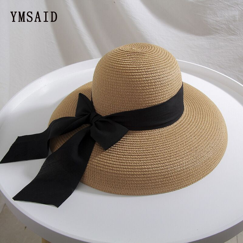 2021 Summer women&#39;s Big Bow Sun Hat Hepburn Style Vintage Design Wide side Straw Hat Solid Color Anti-UV Holiday Beach Hat