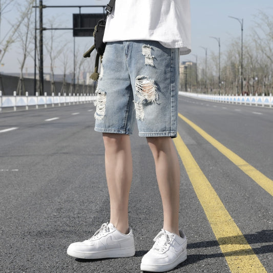 Summer ripped Jean shorts men's casual quarter pants Korean edition loose straight leg pants