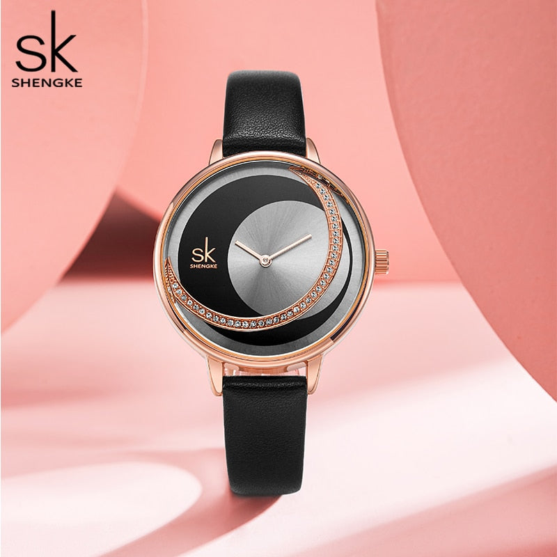 Shengke Creative Watch For Women Black Leather Dress Women&#39;s Watch Original Brand Quartz Wrist Watches Creative Reloj Mujer