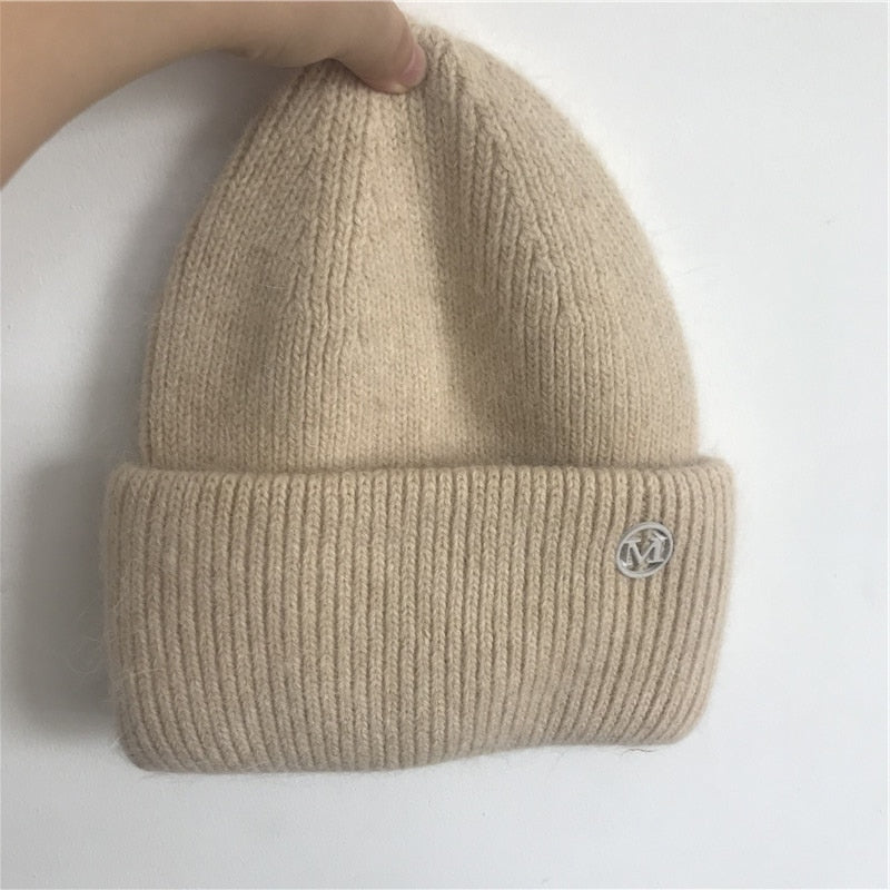 USPOP New Women&#39;s Hats Winter Thick Warm Knitted Hats Solid Color Letter M Soft Rabbit Hair Skullies Beanies