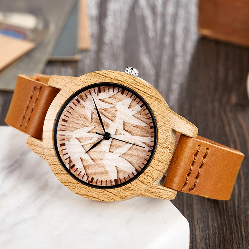 Imitation Bamboo Watch Unisex Genuine Leather Wooden Horse Quartz Wristwatch Minimalist Men Women Male Female Couple Wood Clock