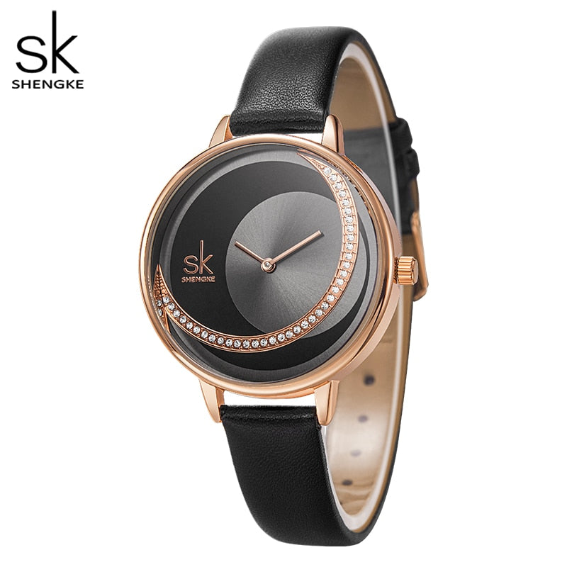 Shengke Creative Watch For Women Black Leather Dress Women&#39;s Watch Original Brand Quartz Wrist Watches Creative Reloj Mujer