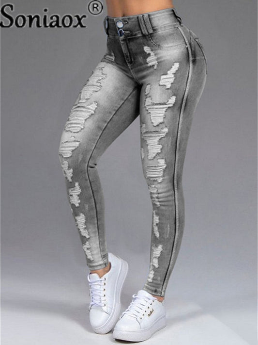 Women Pants High Stretch Jeans High Waist Skinny Ripped Vintage Hole Slim Large Full Length Distressed Trousers 2021