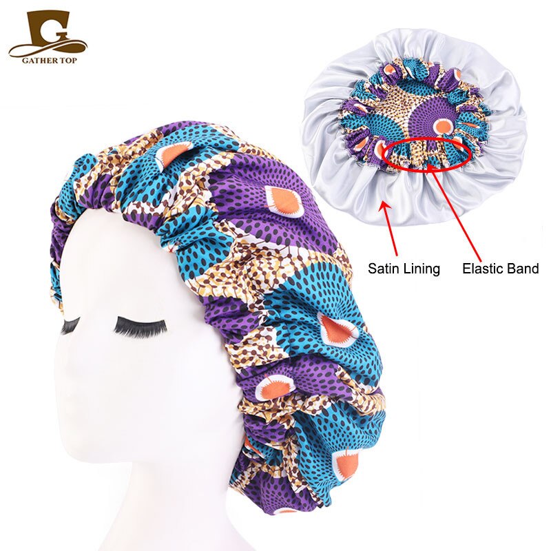 New Extra large Satin Lined Bonnets women African pattern print fabric Ankara bonnets Night Sleep Hat Ladies Turban