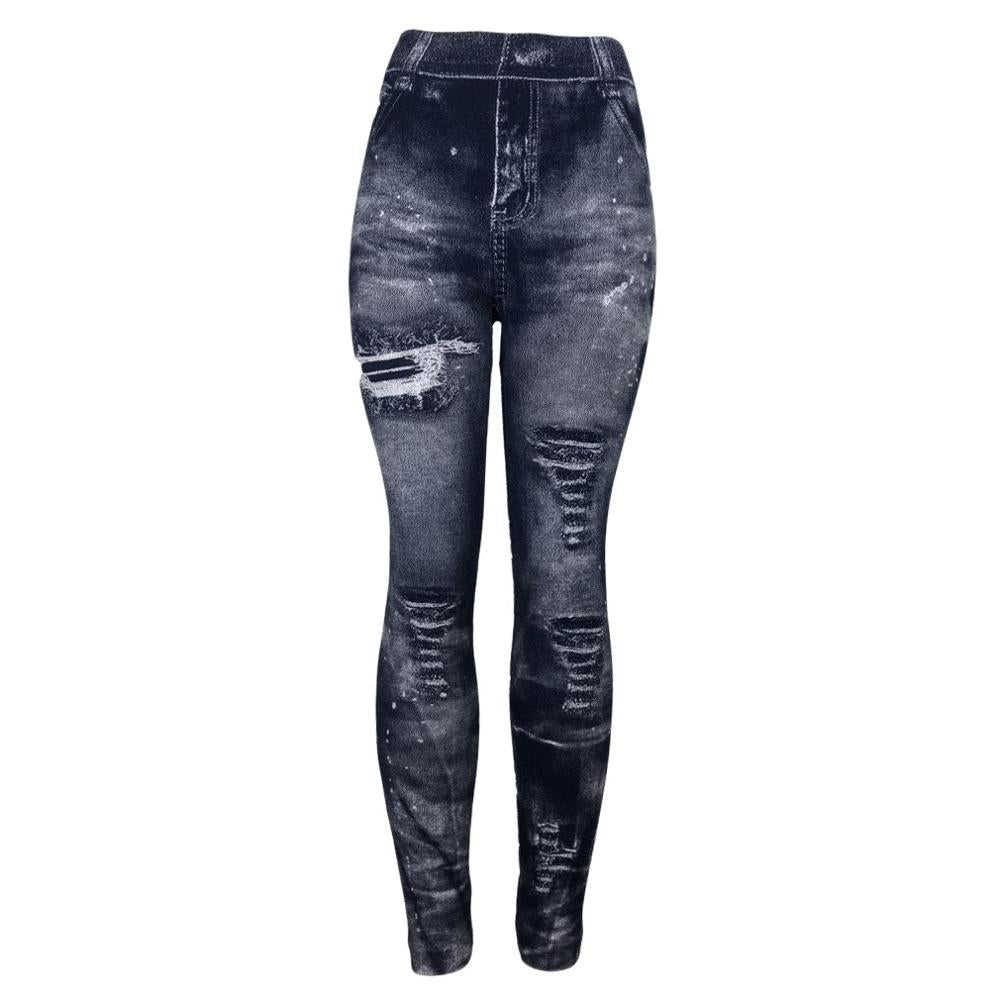 Women 2022 Imitation Distressed Denim Jeans Leggings Casual High Waist Slim Elastic Pencil Pants Sport Leggins Femal Push Up