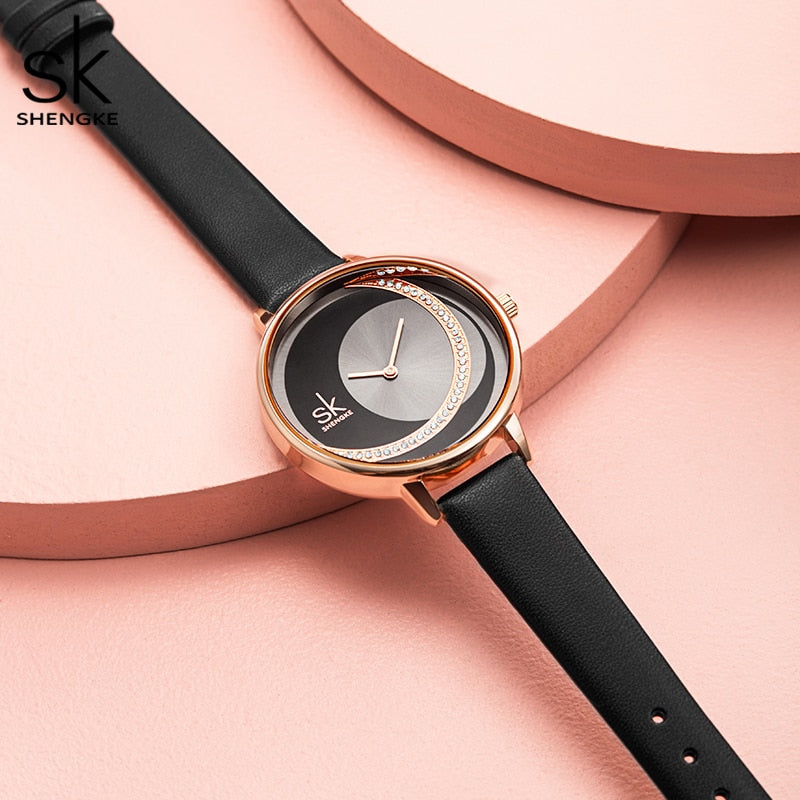 Shengke Creative Watch For Women Black Leather Dress Women&#39;s Watch Original Brand Quartz Wrist Watches Creative Reloj Mujer