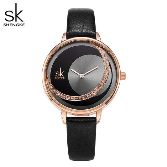 Shengke Creative Watch For Women Black Leather Dress Women&#39;s Watch Original Brand Quartz Wrist Watches Creative Reloj Mujer